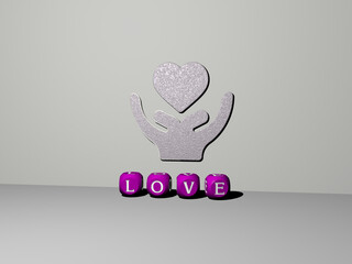 3D representation of LOVE with icon on the wall and text arranged by metallic cubic letters on a mirror floor for concept meaning and slideshow presentation. illustration and background