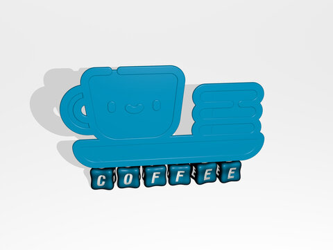 3D graphical image of coffee vertically along with text built by metallic cubic letters from the top perspective, excellent for the concept presentation and slideshows. background and cup