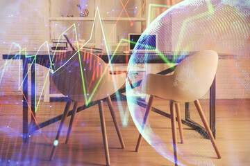 Multi exposure of financial graph drawing and office interior background. Concept of market...