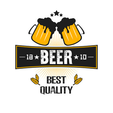 Beer logo. Pattern for design emblem, icon, label, banner. Print on t-shirt graphics. Design template on isolated background. Vintage style. Vector illustration