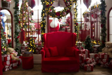 Fototapeta na wymiar Christmas scene with gifts and tree objects. Christmas decoration. Christmas background blurred.