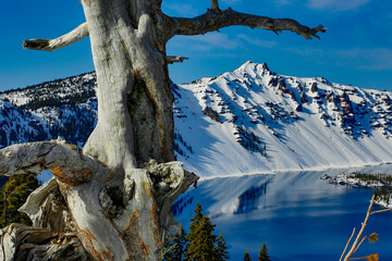Crater Lake in Crater Lake National Park in the winter season with snow