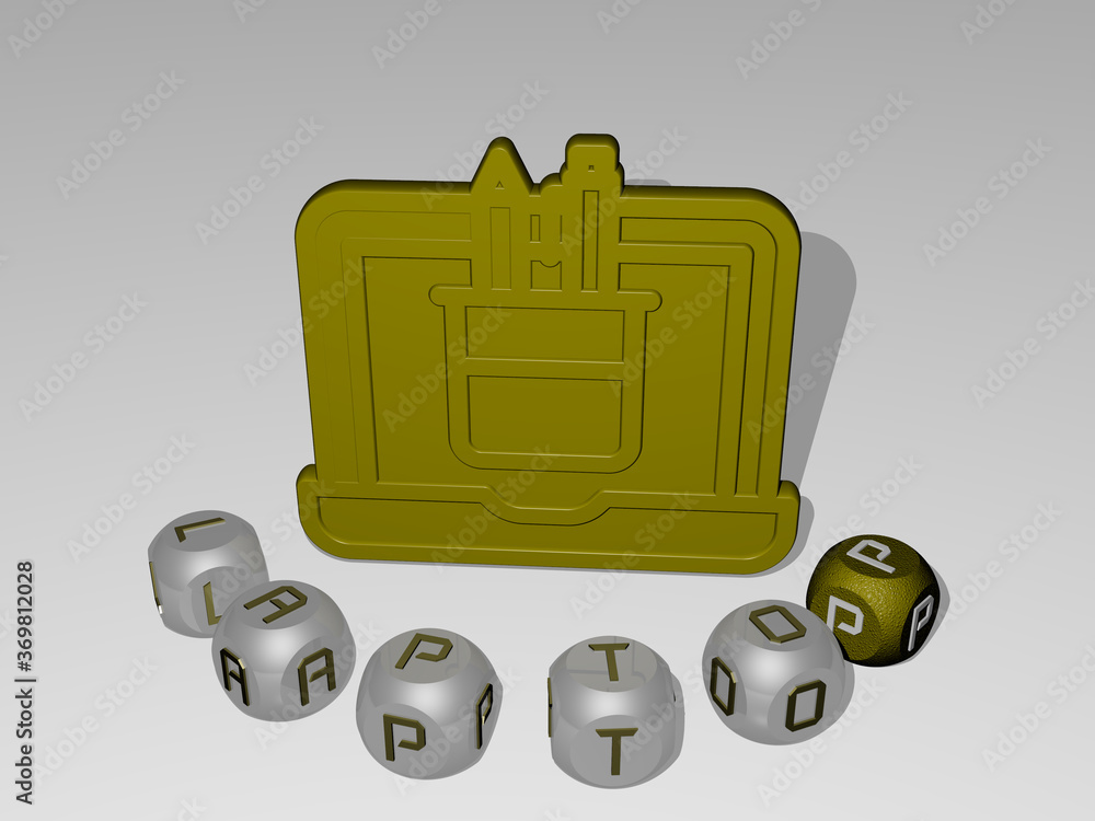 Poster 3d representation of laptop with icon on the wall and text arranged by metallic cubic letters on a m