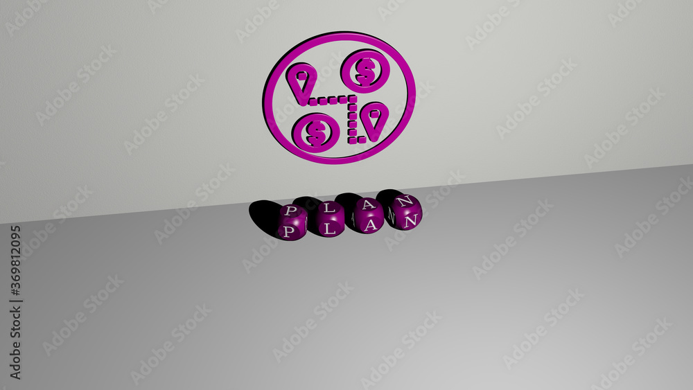 Aufkleber 3d graphical image of plan vertically along with text built by metallic cubic letters from the top p