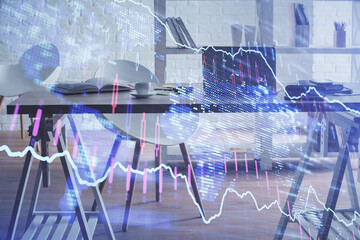 Multi exposure of stock market chart drawing and office interior background. Concept of financial analysis.