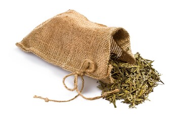 Dried Green Tea Leaves in Burlap Bag