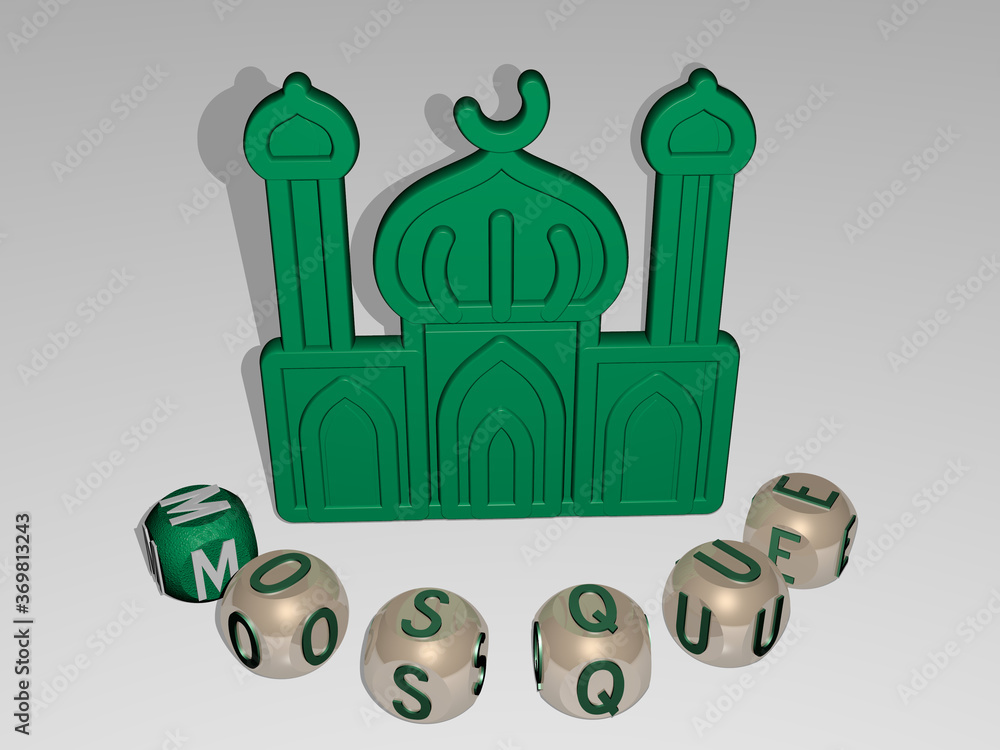 Poster 3d illustration of mosque graphics and text around the icon made by metallic dice letters for the re