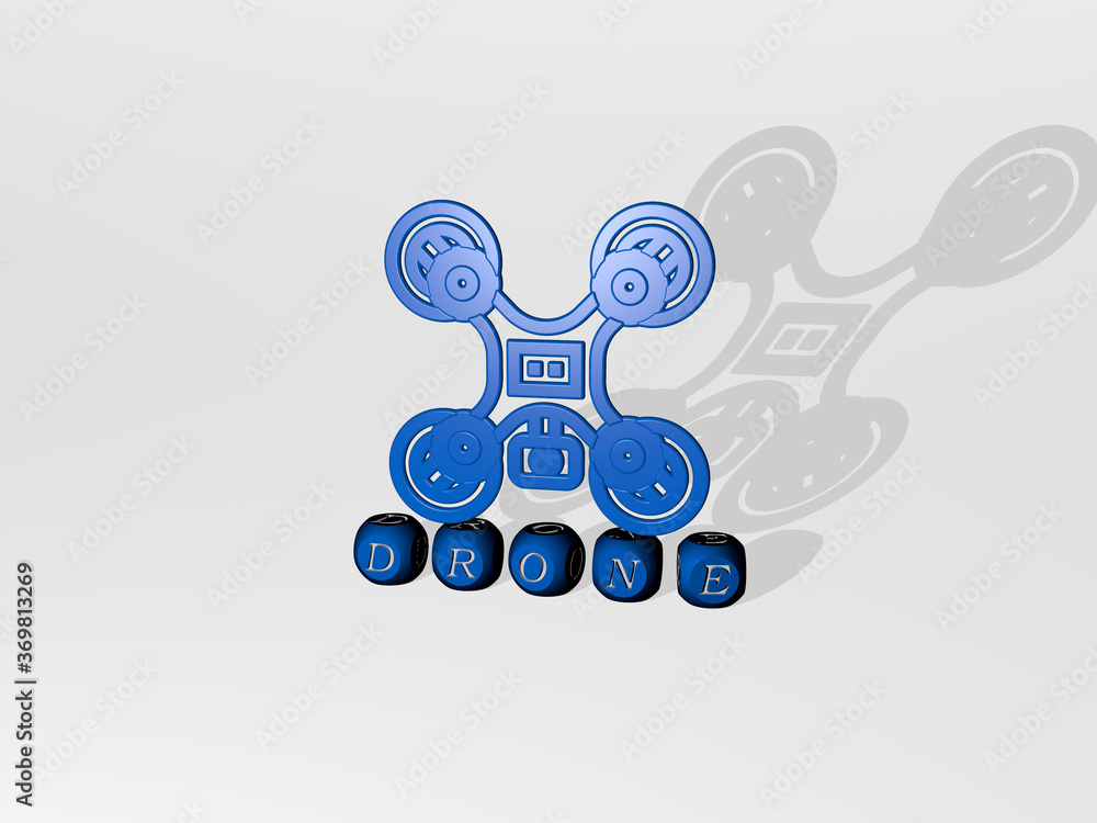 Poster 3d illustration of drone graphics and text made by metallic dice letters for the related meanings of