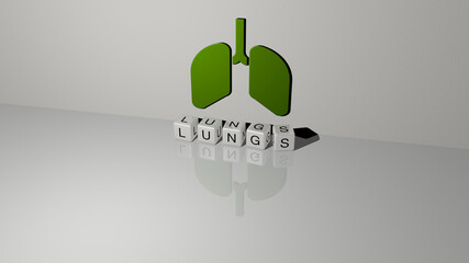 3D graphical image of lungs vertically along with text built by metallic cubic letters from the top perspective, excellent for the concept presentation and slideshows. illustration and human