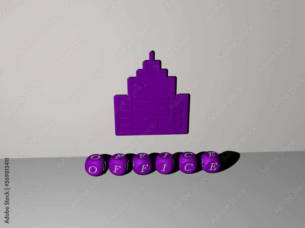 Poster 3d graphical image of office vertically along with text built by metallic cubic letters from the top