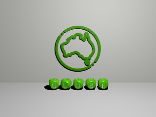 3D graphical image of globe vertically along with text built by metallic cubic letters from the top perspective, excellent for the concept presentation and slideshows. illustration and background