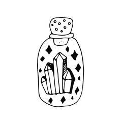 Magic potion: bottle jar with crystals inside. hand drawn bottle with crystals magic elixir Isolated on white. vector illustration collection with mystic and occult signs.astrological elements.