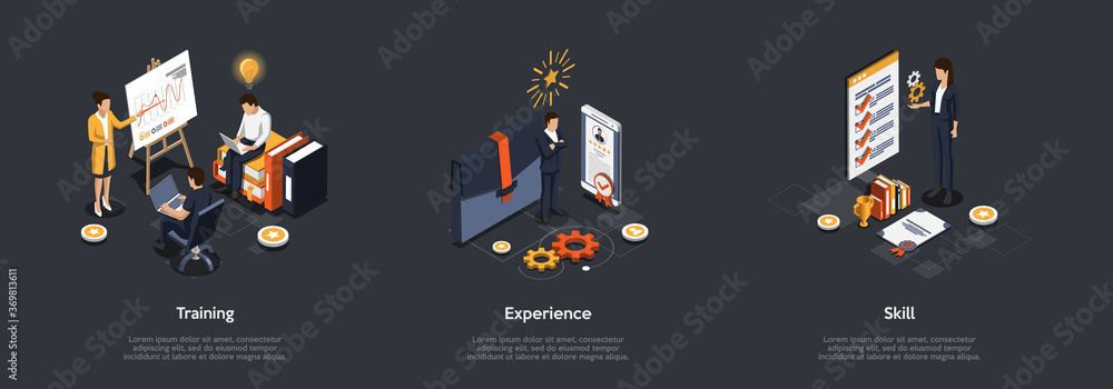 Poster business presentation concept. leader make presentation with infographic on screen with charts. usin