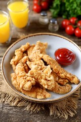 Homemade chicken strips with tomato sauce.