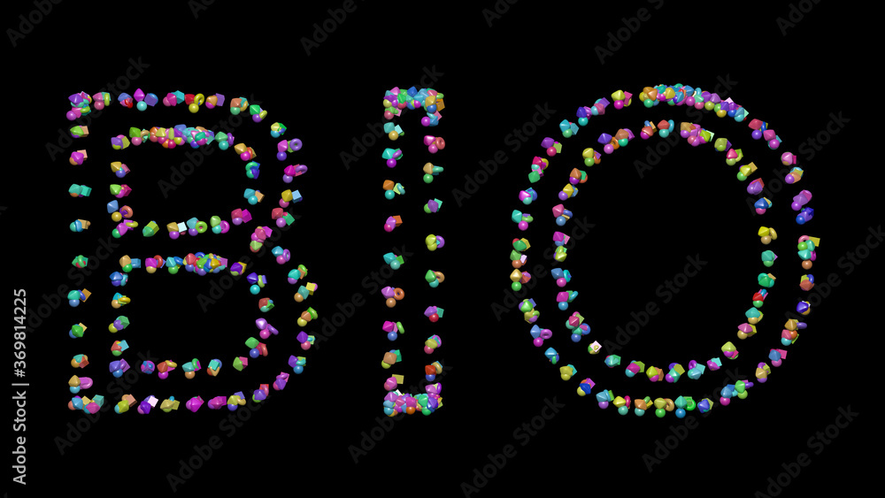Poster bio written in 3d illustration by colorful small objects casting shadow on a black background. desig