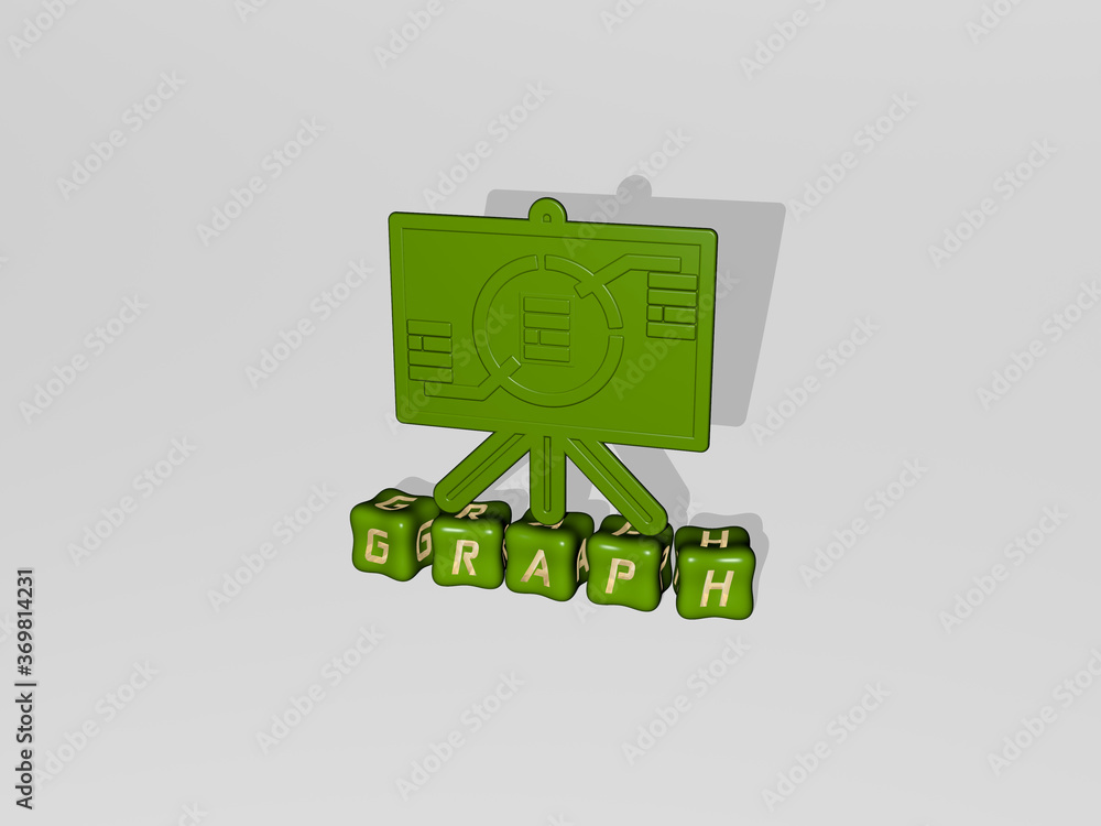 Aufkleber 3d representation of graph with icon on the wall and text arranged by metallic cubic letters on a mi