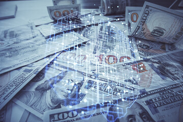 Double exposure of brain drawing over us dollars bill background. Technology concept.