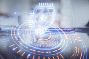 Double exposure of Ai data theme drawing over coffee cup background in office.
