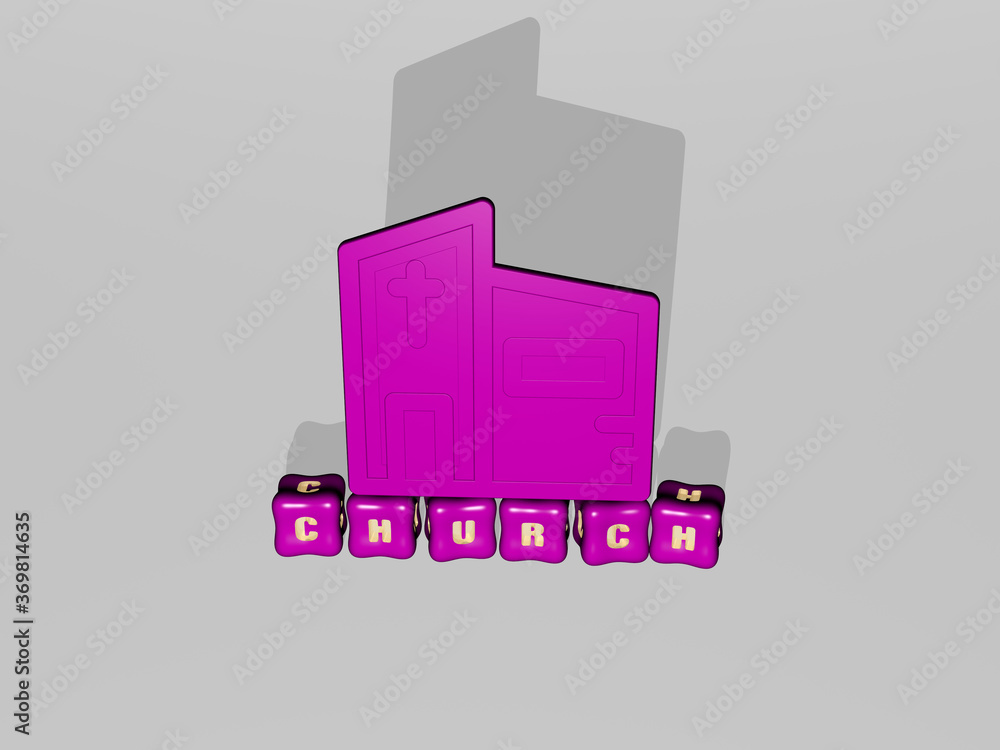 Poster 3d graphical image of church vertically along with text built by metallic cubic letters from the top
