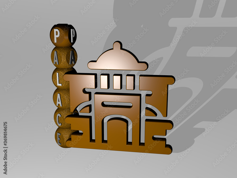 Poster 3d graphical image of palace vertically along with text built around the icon by metallic cubic lett