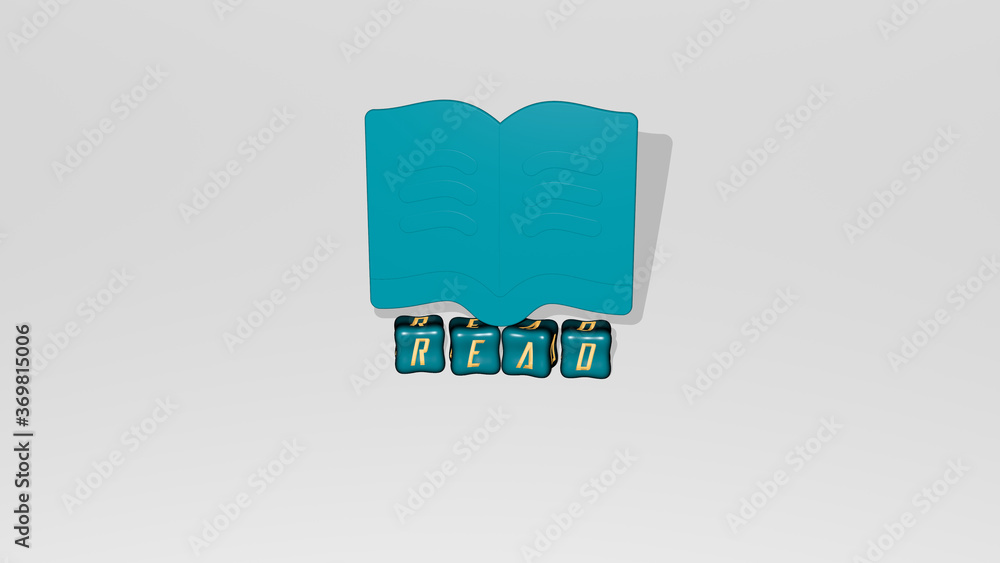 Poster 3d graphical image of read vertically along with text built by metallic cubic letters from the top p
