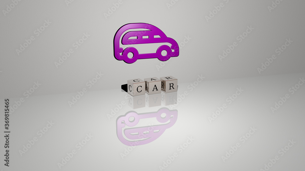 Poster 3d graphical image of car vertically along with text built by metallic cubic letters from the top pe