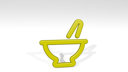 MORTAR PESTLE from a perspective with the shadow. A thick sculpture made of metallic materials of 3D rendering. background and wall