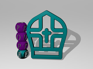 3D graphical image of POPE vertically along with text built around the icon by metallic cubic letters from the top perspective. excellent for the concept presentation and slideshows. editorial and
