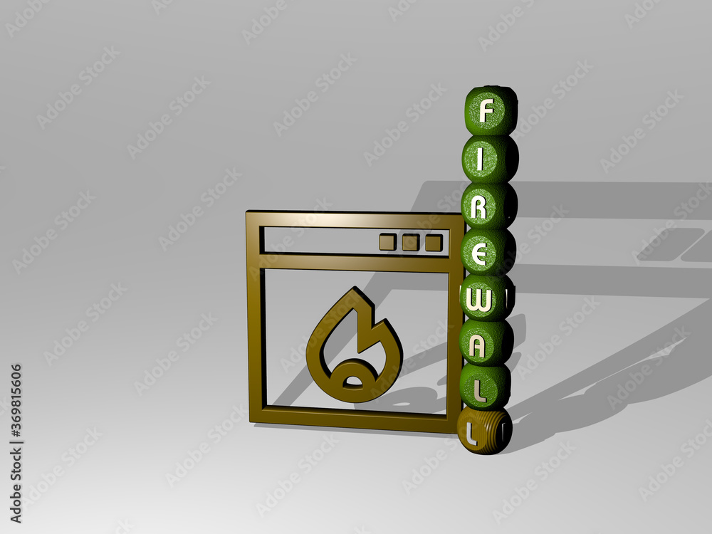 Poster 3d representation of firewall with icon on the wall and text arranged by metallic cubic letters on a