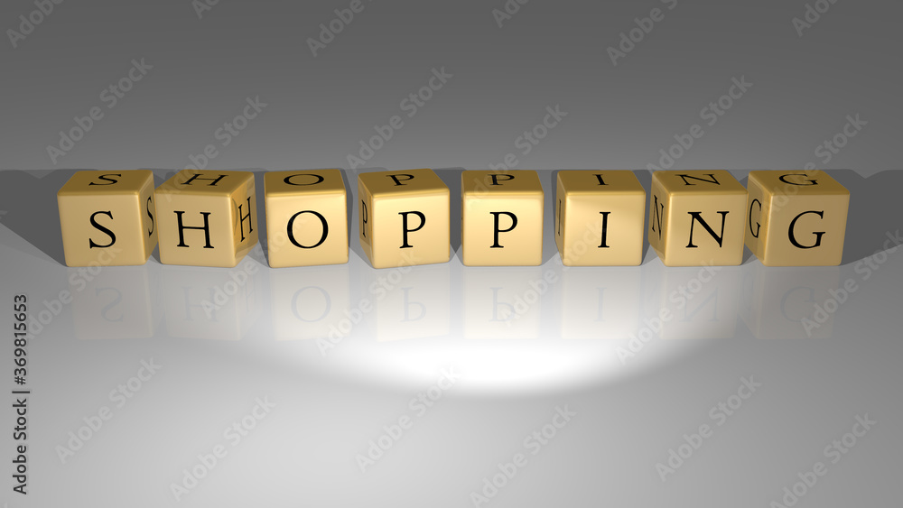 Poster 3d representation of shopping with icon on the wall and text arranged by metallic cubic letters on a