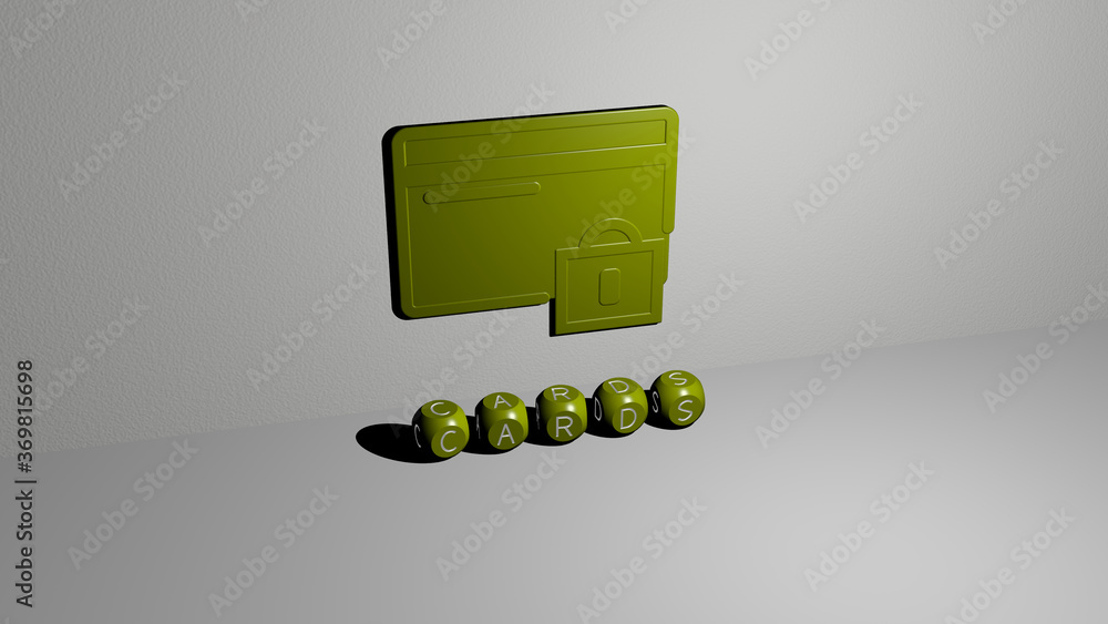 Poster 3d representation of cards with icon on the wall and text arranged by metallic cubic letters on a mi