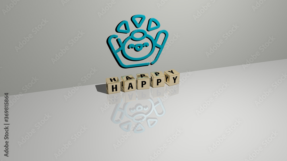 Aufkleber 3d representation of happy with icon on the wall and text arranged by metallic cubic letters on a mi