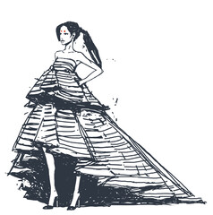 Fashion illustration. Young girl, in a beautiful dress.  Fashion woman. Vector hand-drawn sketch.