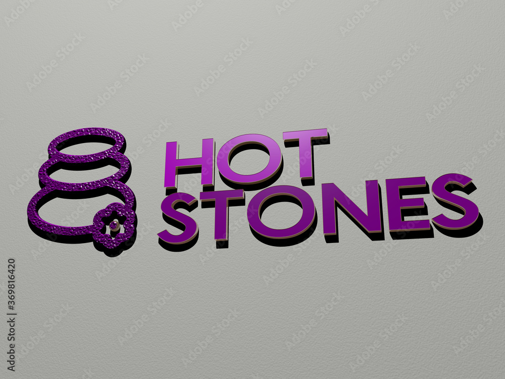Poster 3d graphical image of hot stones vertically along with text built by metallic cubic letters from the