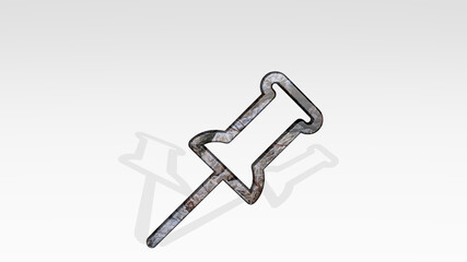 PIN made by 3D illustration of a shiny metallic sculpture casting shadow on light background. icon and map