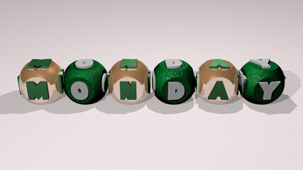 crosswords of MONDAY arranged by cubic letters on a mirror floor, concept meaning and presentation. illustration and background