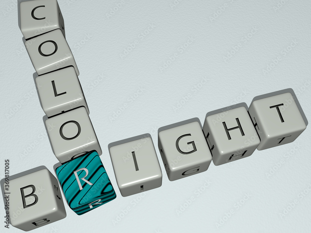 Poster crosswords of bright color arranged by cubic letters on a mirror floor, concept meaning and presenta