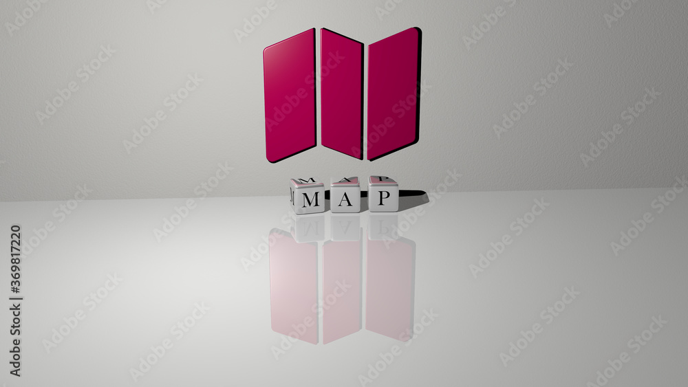 Poster 3d representation of map with icon on the wall and text arranged by metallic cubic letters on a mirr