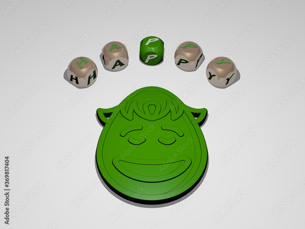 Aufkleber 3d representation of happy with icon on the wall and text arranged by metallic cubic letters on a mi