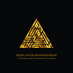 TRIANGLE GOLD KUFIC CALLIGRAPHY OF BISMILLAH (IN THE NAME OF ALLAH, THE BENEFICIENT, THE MERCIFUL)