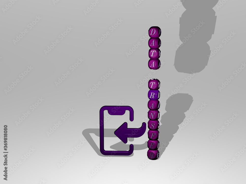 Poster 3d graphical image of data transfer vertically along with text built around the icon by metallic cub