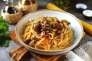 Spaghetti with stewed chicken hearts with onions, carrots, zucchini and garlic. Healthly food.