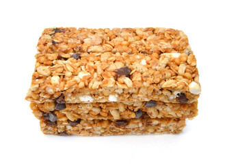 Stack chocolate chip with peanuts protein bars isolated on a white background.