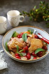 Chicken with Cornelian cherries, mint and onion.