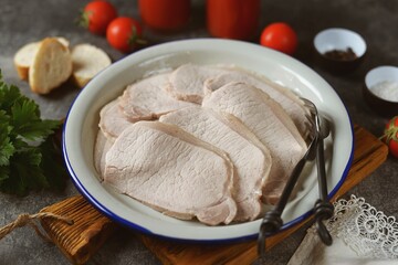 Boiled pork chop. Homemade meat for sandwiches.