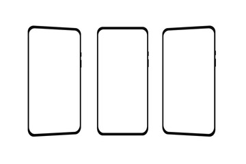 Set of modern frameless smartphones isolated on white background. Smartphones with blank screen. 3d render.