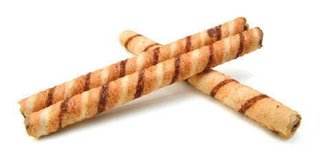 Wafer roll with chocolate and cocoa coating on a white background
