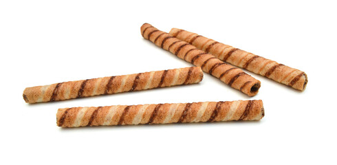 Wafer roll with chocolate and cocoa coating on a white background