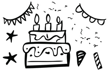 Vector black and white doodle Birthday item at transparent effect background
