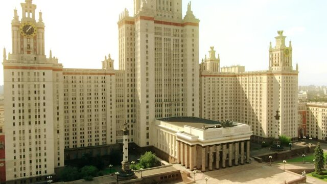 Aerial view of the Moscow State University building, the historic Stalin era landmark, Russia